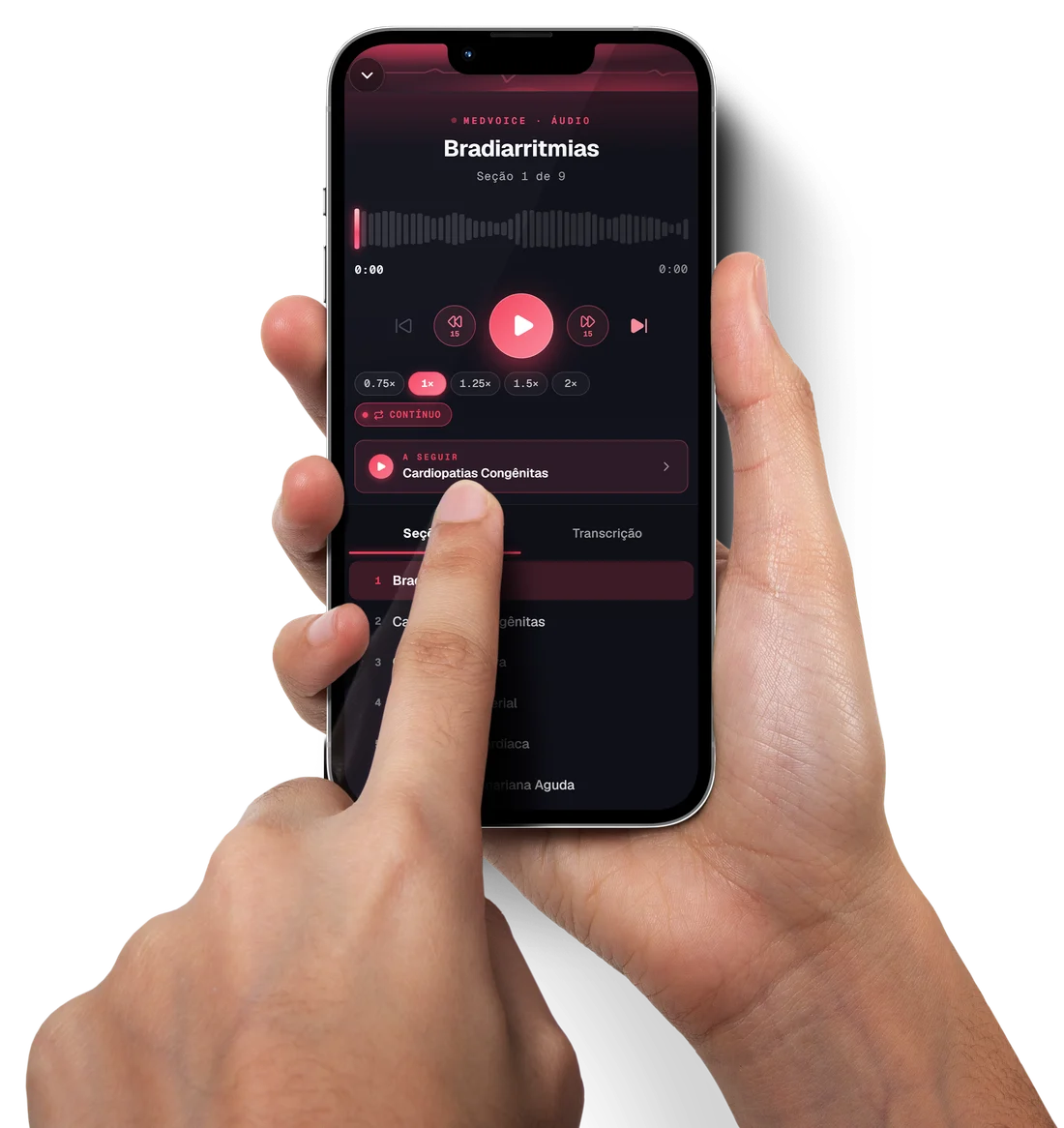 MedHelpSpace no celular — player MedVoice em tela cheia