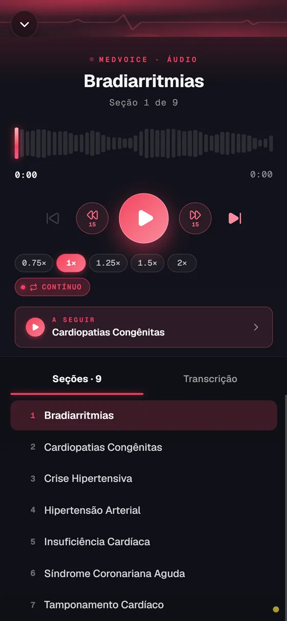 Player de áudio MedVoice em tela cheia.