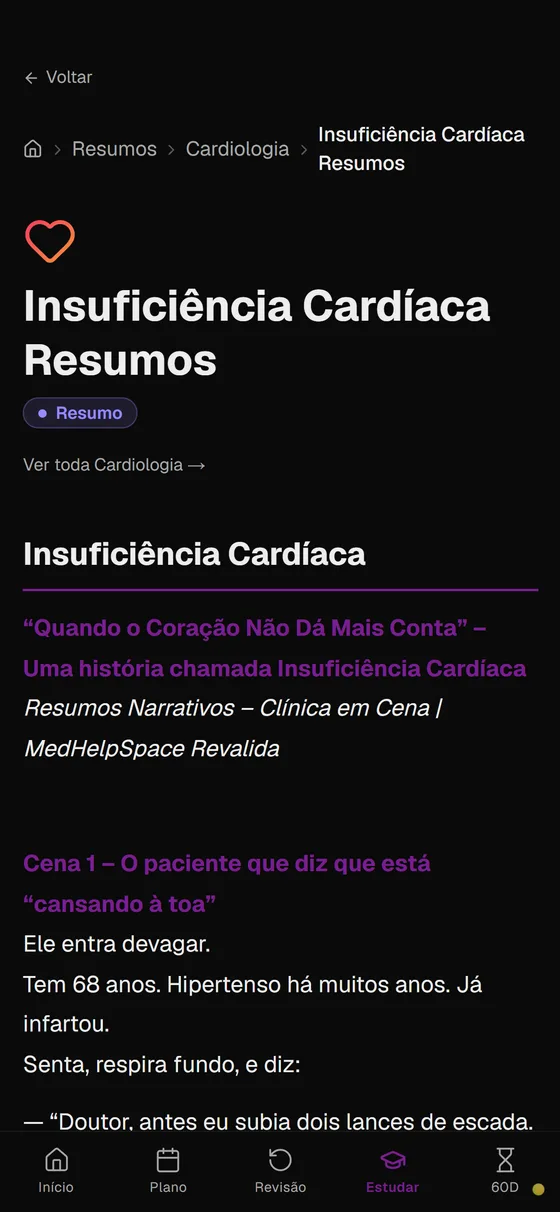 Tela de um resumo narrativo no formato Clínica em Cena.